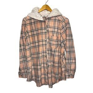 No Comment Plus Womens Sherpa Hoodie Flannel Shirt 3X Pink Plaid Button-Up